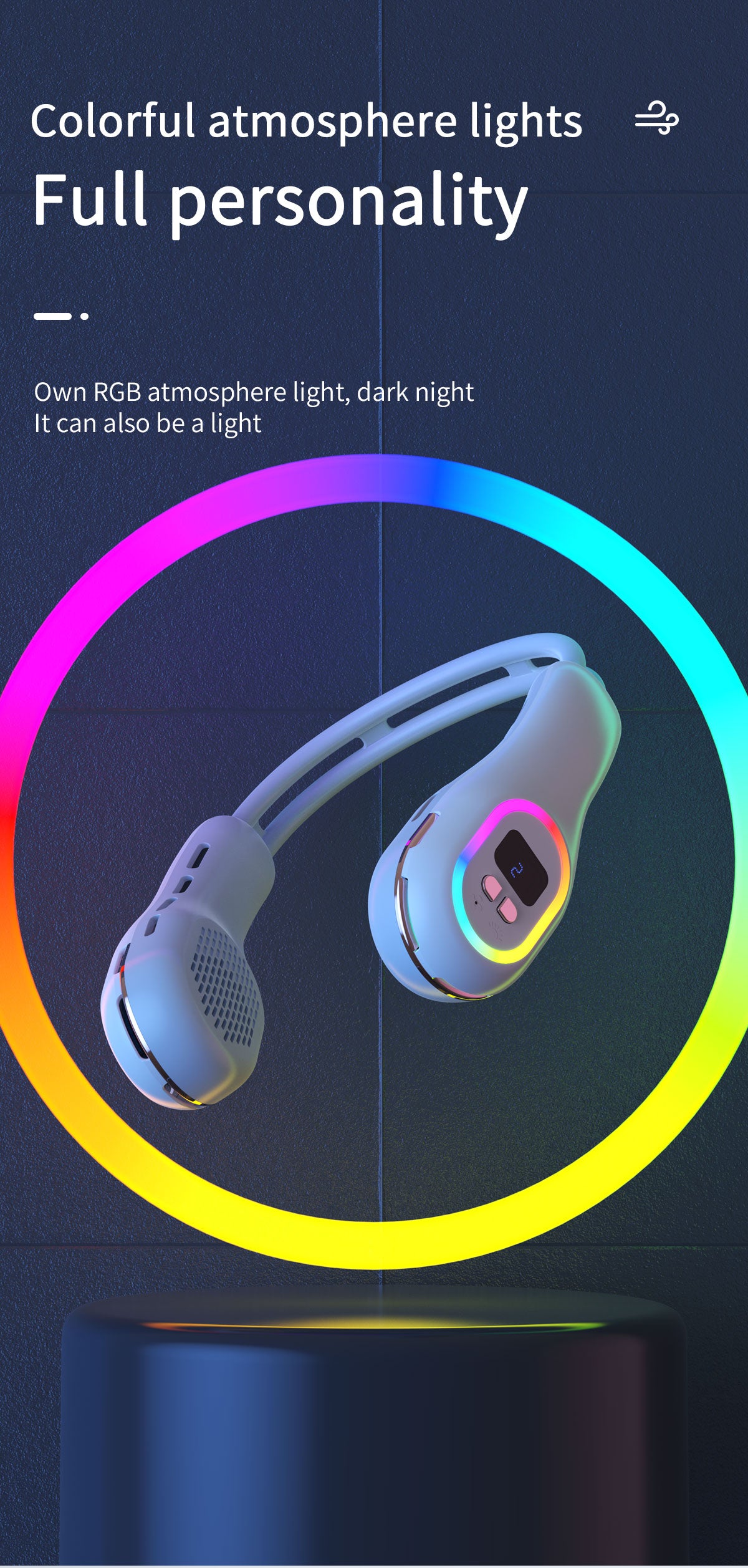 Summer Neck Fan Wearable Hands Free Bladeless Cooling Fans LED Colored Light 3 Speed 360° Wind Direction Adjustment Rechargeable Portable Air Con| S57