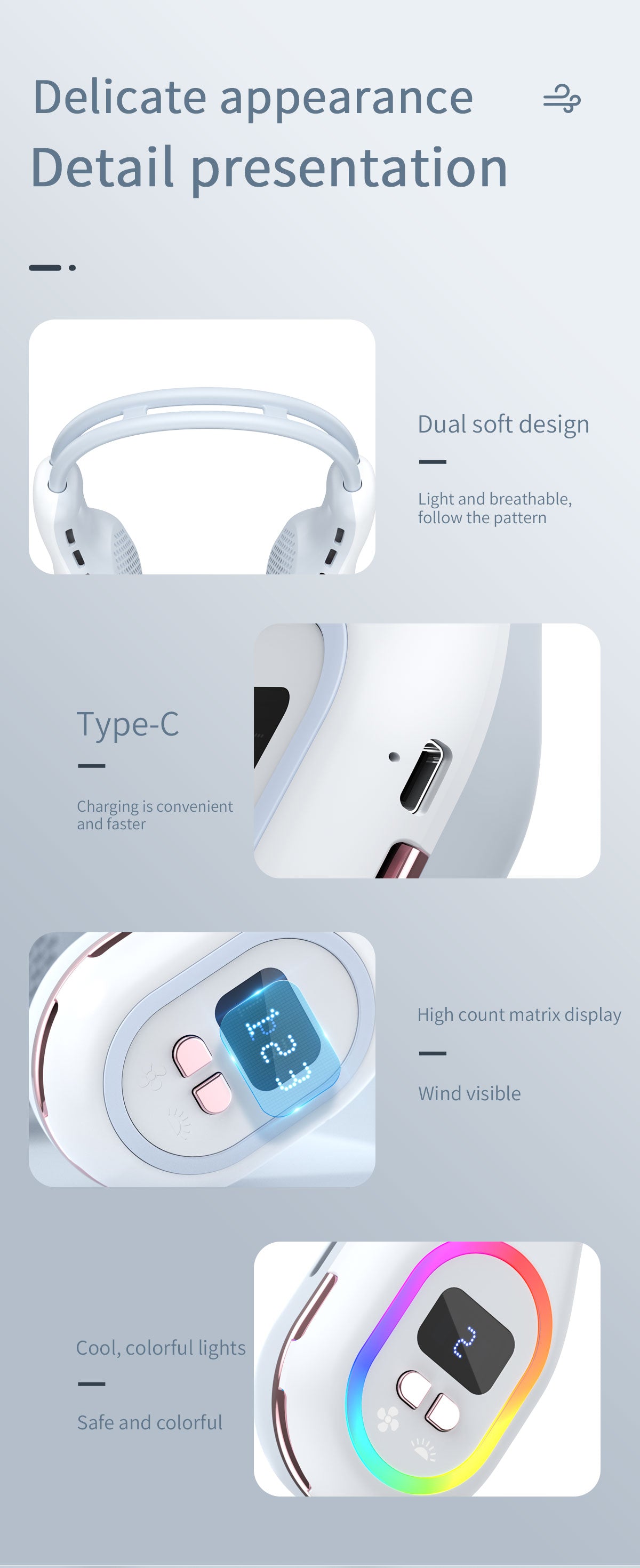 Summer Neck Fan Wearable Hands Free Bladeless Cooling Fans LED Colored Light 3 Speed 360° Wind Direction Adjustment Rechargeable Portable Air Con| S57