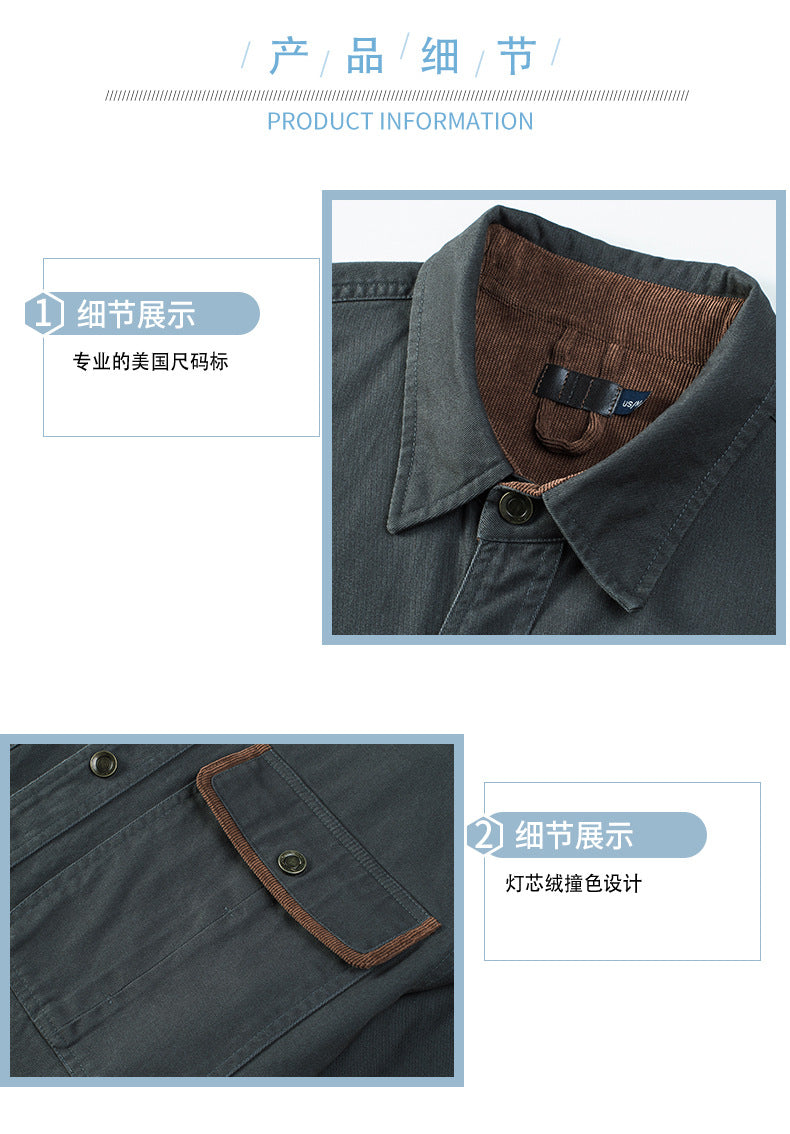 Men's Workwear Pure Cotton Corduroy Shirt with Contrast Color Lapel Plus Size Loose Fit Top | 3261