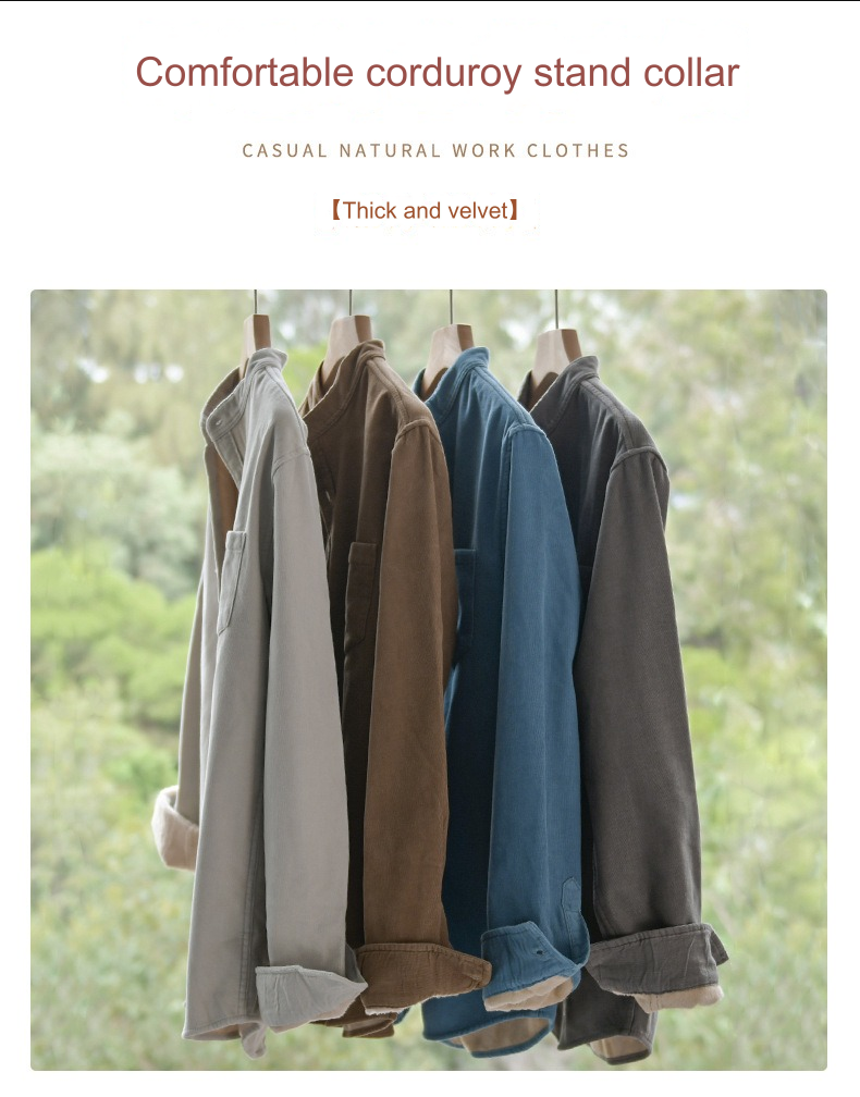 Winter Thickened Casual Vintage Stand Collar Corduroy Long Sleeve Shirt Velvet Thick Warm Tops | 9433