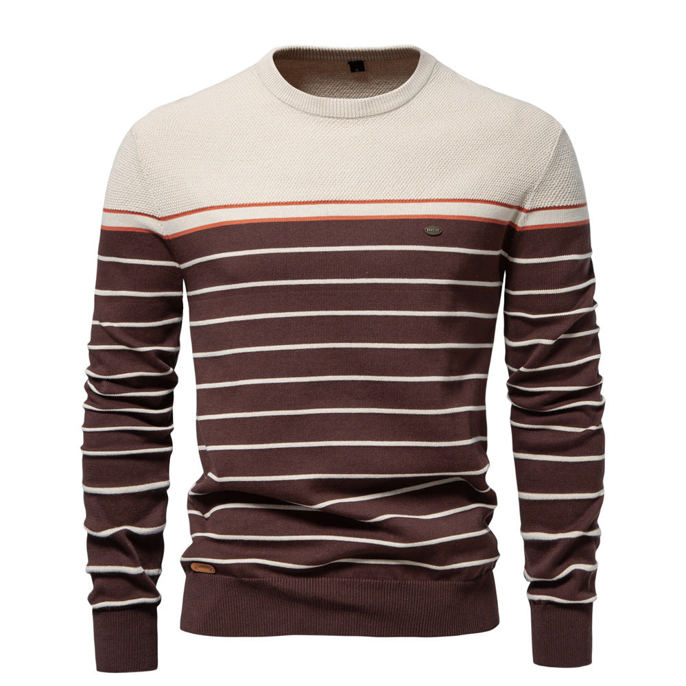 Men’s Striped Patchwork Knit Sweater – Crew Neck Casual Pullover for Autumn/Winter | SW117