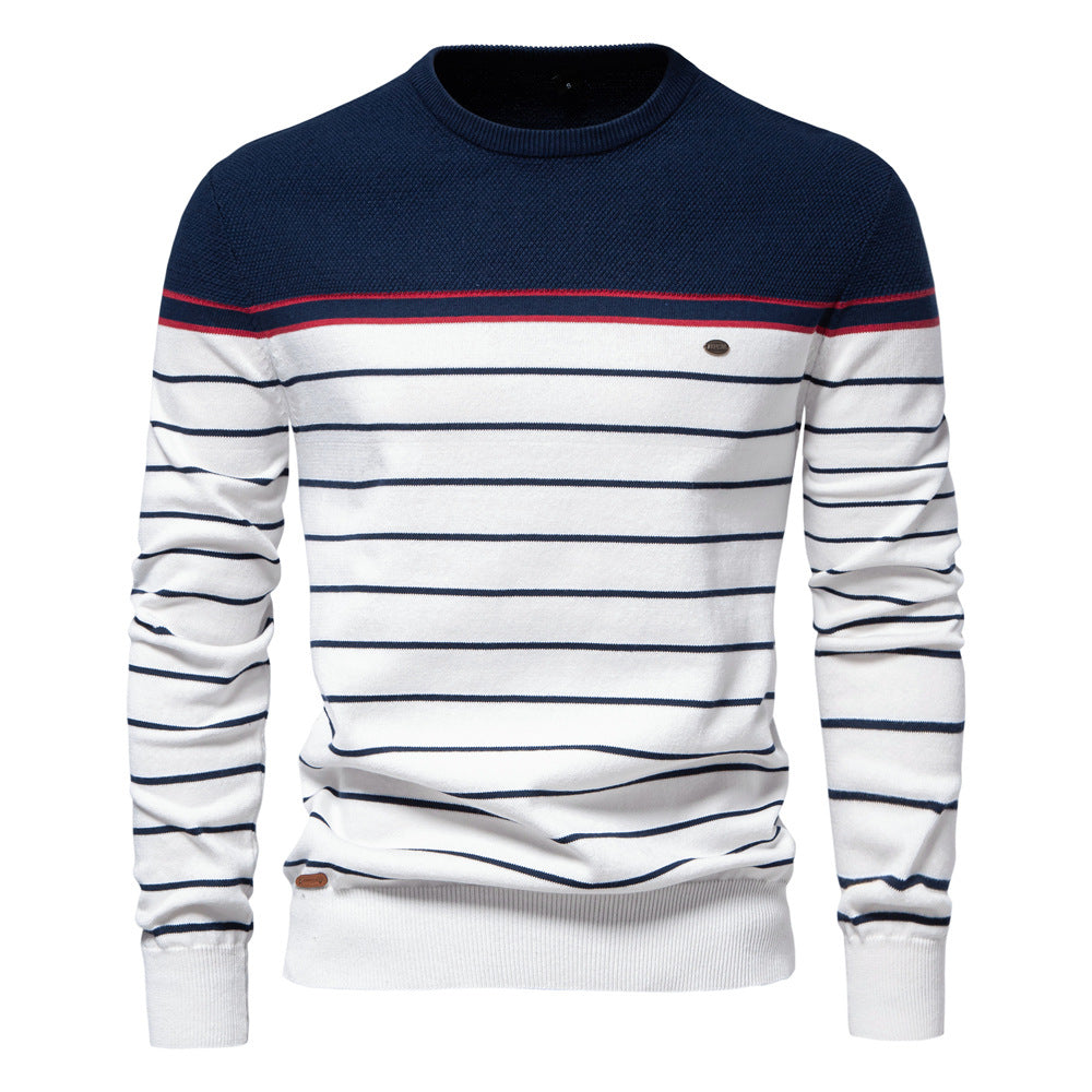 Men’s Striped Patchwork Knit Sweater – Crew Neck Casual Pullover for Autumn/Winter | SW117