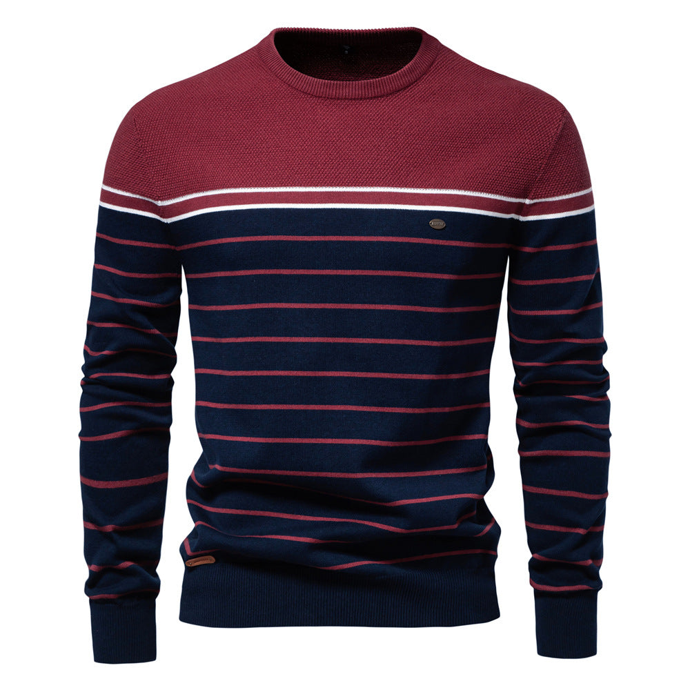 Men’s Striped Patchwork Knit Sweater – Crew Neck Casual Pullover for Autumn/Winter | SW117