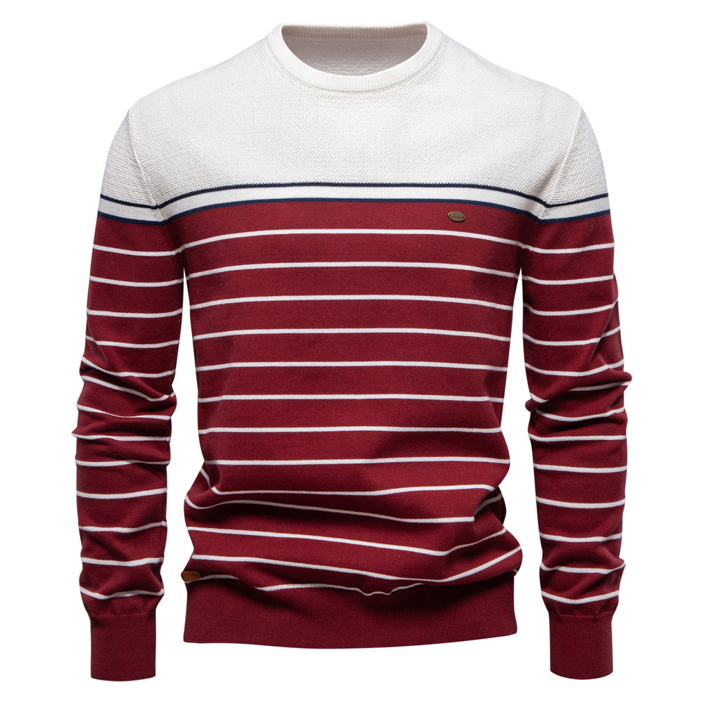 Men’s Striped Patchwork Knit Sweater – Crew Neck Casual Pullover for Autumn/Winter | SW117
