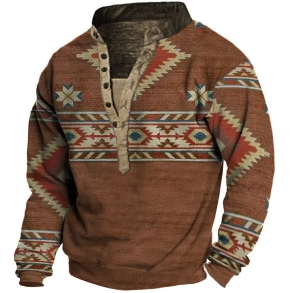 Sweat-shirt à imprimé ethnique pour homme avec col Henley et fermeture à boutons | YO1S