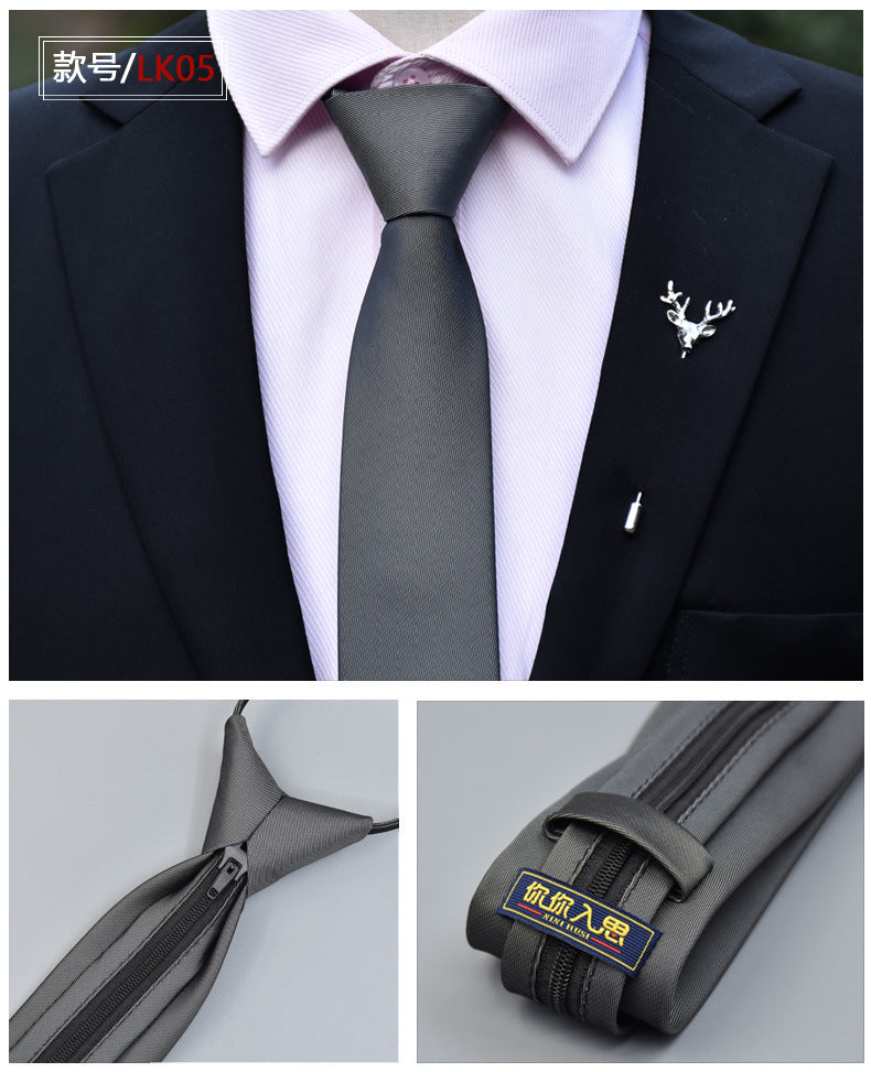 Classic Solid Color Silky Zipper Necktie Men's Pretied Ties | LK02