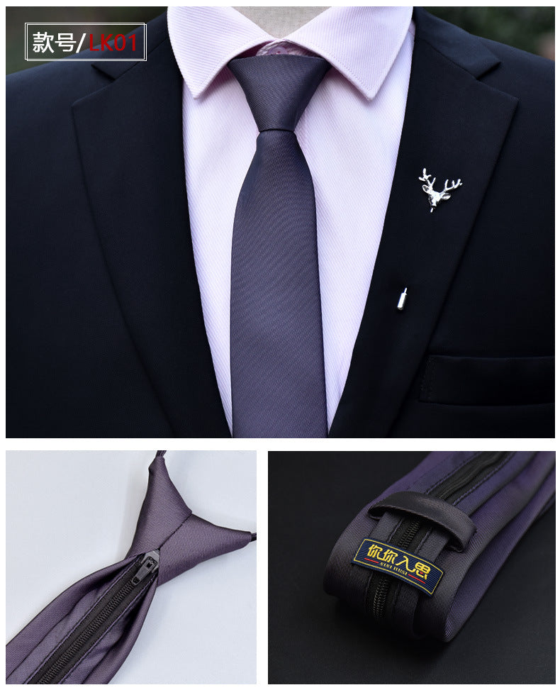 Classic Solid Color Silky Zipper Necktie Men's Pretied Ties | LK02