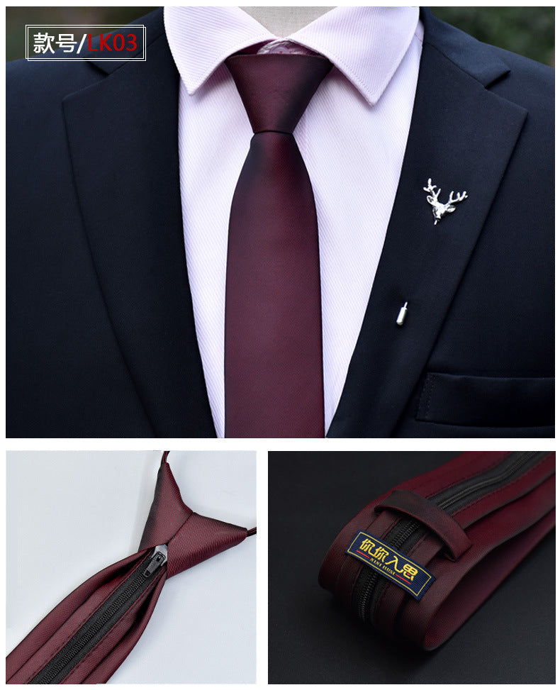 Classic Solid Color Silky Zipper Necktie Men's Pretied Ties | LK02