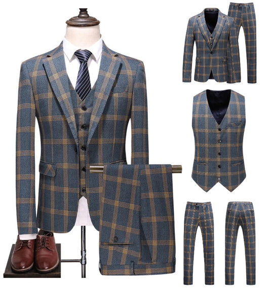 Tailored Men Handmade Premium Grey 3 Pieces Suit with Yellow Grid Wool Blend Checked Pattern Formal & Professional Dress