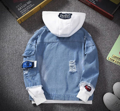 Giacca in denim con cappuccio a maniche lunghe, jeans strappati, uomo, giacca vintage | 6693 