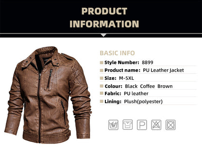Leather Jacket Men's Standing Collar Washed PU Leather Jacket Nostalgia | 8899