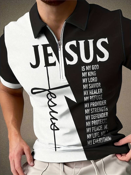 Casual "JESUS" Pattern Print Short Sleeve Zipper Shirts Lapel Collar Tops Pullovers |  POLO46-50