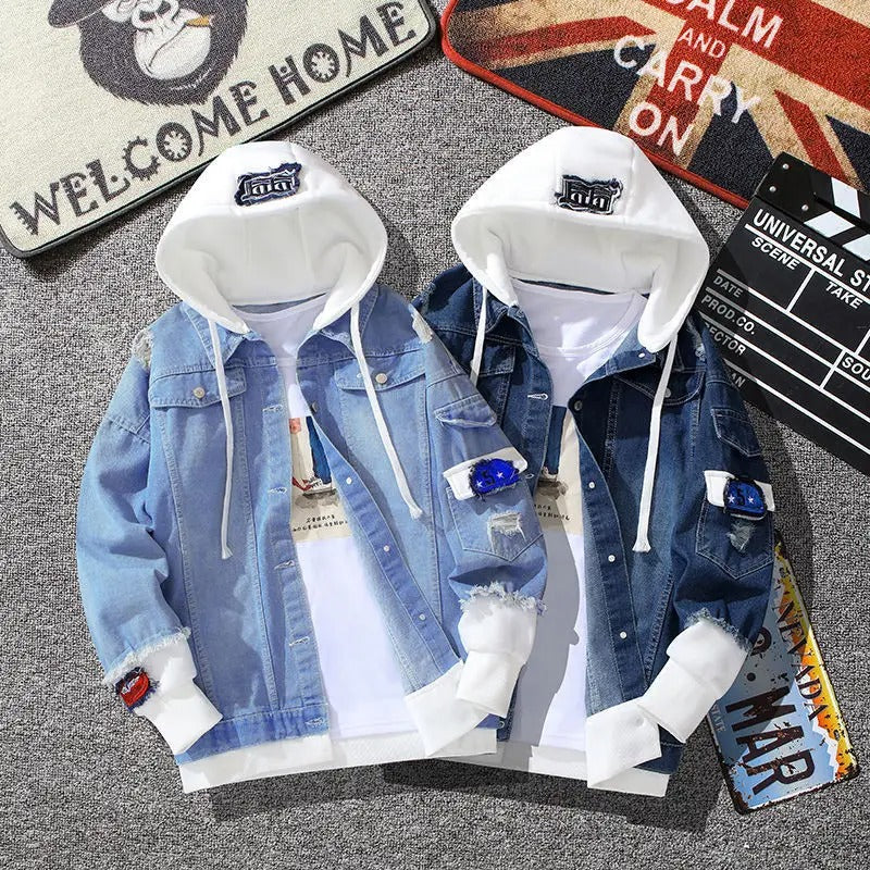 Giacca in denim con cappuccio a maniche lunghe, jeans strappati, uomo, giacca vintage | 6693 