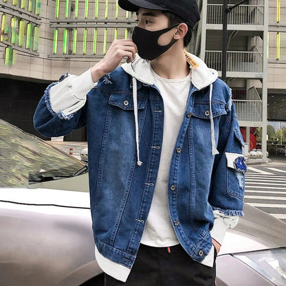 Giacca in denim con cappuccio a maniche lunghe, jeans strappati, uomo, giacca vintage | 6693 
