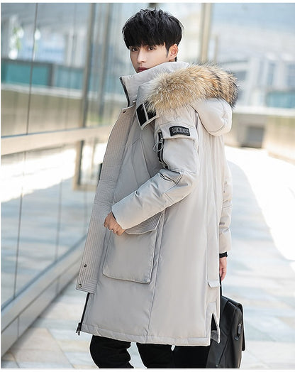 Men's Down Jacket Mid-length Hooded Fur Collar Plus Velvet Workwear Duck Down Coat | 896