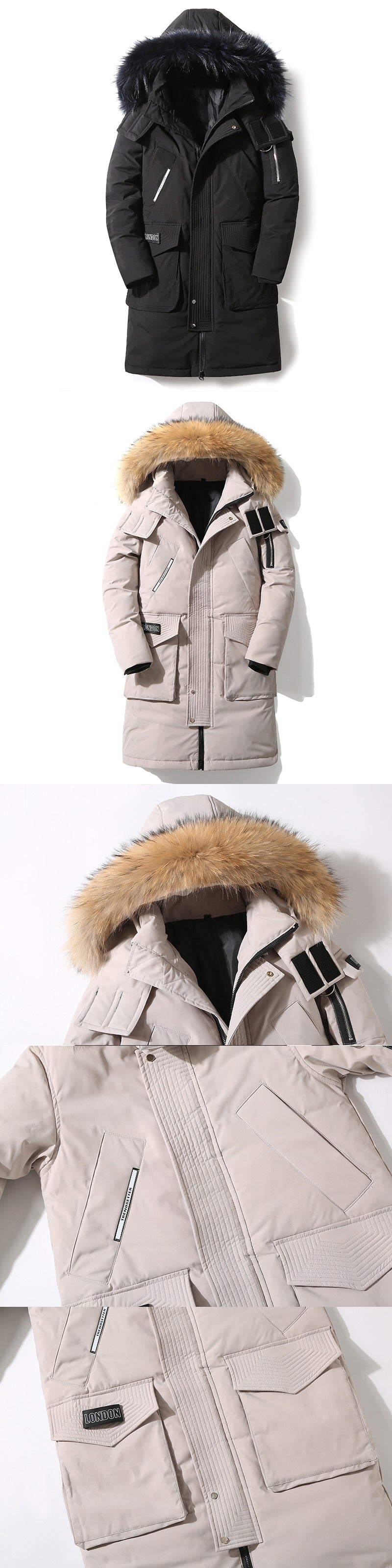 Men's Down Jacket Mid-length Hooded Fur Collar Plus Velvet Workwear Duck Down Coat | 896