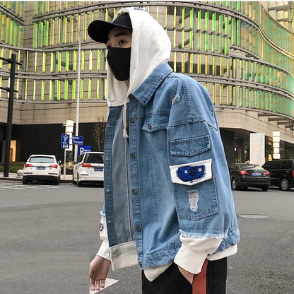 Denim Coat Long Sleeve Hooded Ripped Jeans Hombre Vintage Jacket | 6693