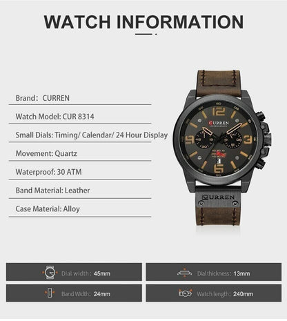 Men's Leather Watch Chronograph Wristwatch Business Quartz Calendar Military Watch | 8314
