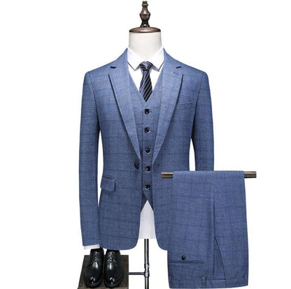 British Style Men’s 3 Piece Suit Business Casual Plaid Groom Wedding Dress Slim Suits | 6835