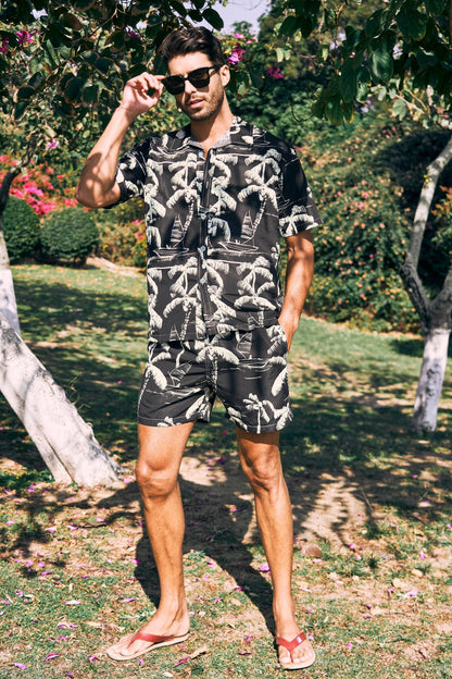 Men's Short Sleeve Coconut Tree Print 2 Pieces Outfit Set Short & Buttons Shirts | ST01