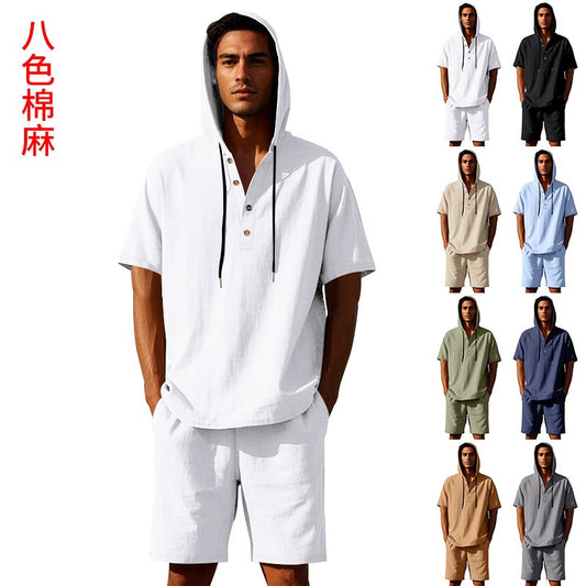 Men’s Summer Linen Hooded Shirt & Shorts Set Lightweight Casual Beachwear Set | CW15