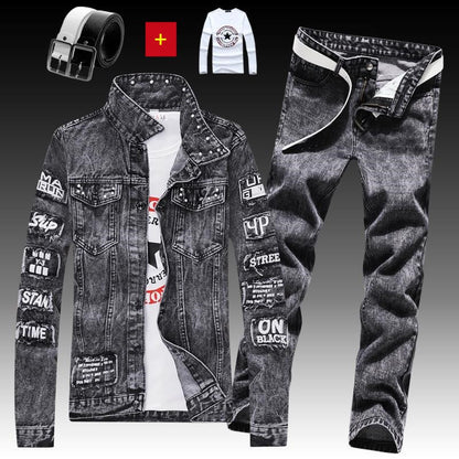 Men's Denim Jacket Jeans Pants Letters Printing Trousers 3 Pcs Set Casual Single Breasted |