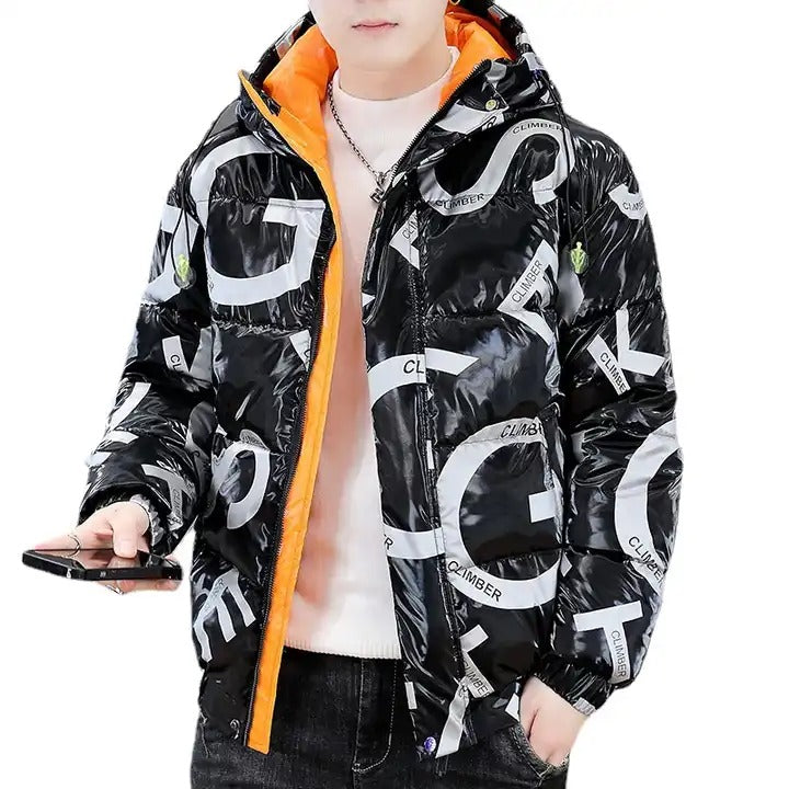 Men's Hooded Bright Leather Winter Jackets Coats Warm Cotton Full Zip Up Puffer Jacket | C890