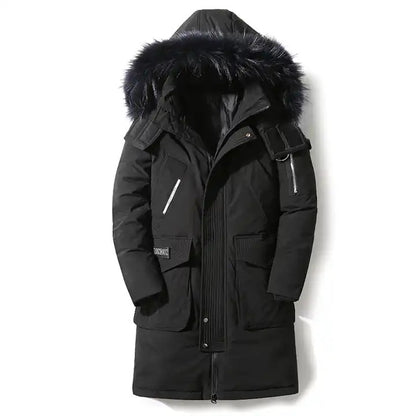 Men's Down Jacket Mid-length Hooded Fur Collar Plus Velvet Workwear Duck Down Coat | 896