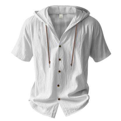 Men's Oversized Linen Shirt – Short-Sleeve Hooded Top | Breathable Amekaji Casual Style | Relaxed Fit Summer Overshirt | Spring 2025 Collection | 2455C