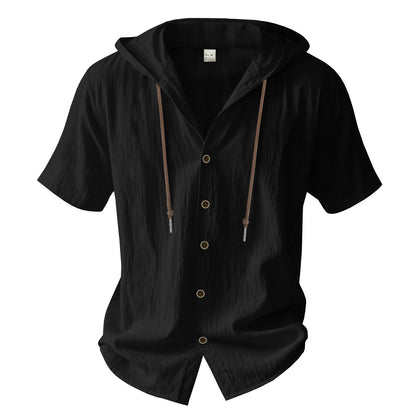 Men's Oversized Linen Shirt – Short-Sleeve Hooded Top | Breathable Amekaji Casual Style | Relaxed Fit Summer Overshirt | Spring 2025 Collection | 2455C