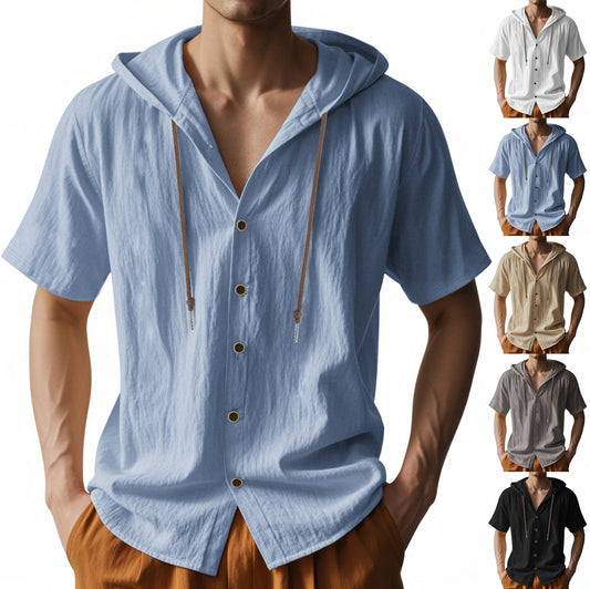 Men's Oversized Linen Shirt – Short-Sleeve Hooded Top | Breathable Amekaji Casual Style | Relaxed Fit Summer Overshirt | Spring 2025 Collection | 2455C