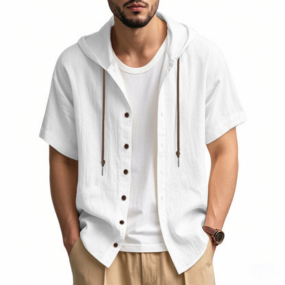 Men's Oversized Linen Shirt – Short-Sleeve Hooded Top | Breathable Amekaji Casual Style | Relaxed Fit Summer Overshirt | Spring 2025 Collection | 2455C