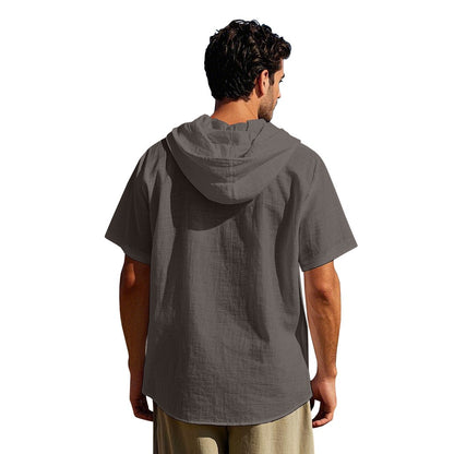 Men's Oversized Linen Shirt – Short-Sleeve Hooded Top | Breathable Amekaji Casual Style | Relaxed Fit Summer Overshirt | Spring 2025 Collection | 2455C