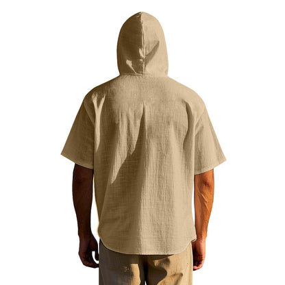Men's Oversized Linen Shirt – Short-Sleeve Hooded Top | Breathable Amekaji Casual Style | Relaxed Fit Summer Overshirt | Spring 2025 Collection | 2455C