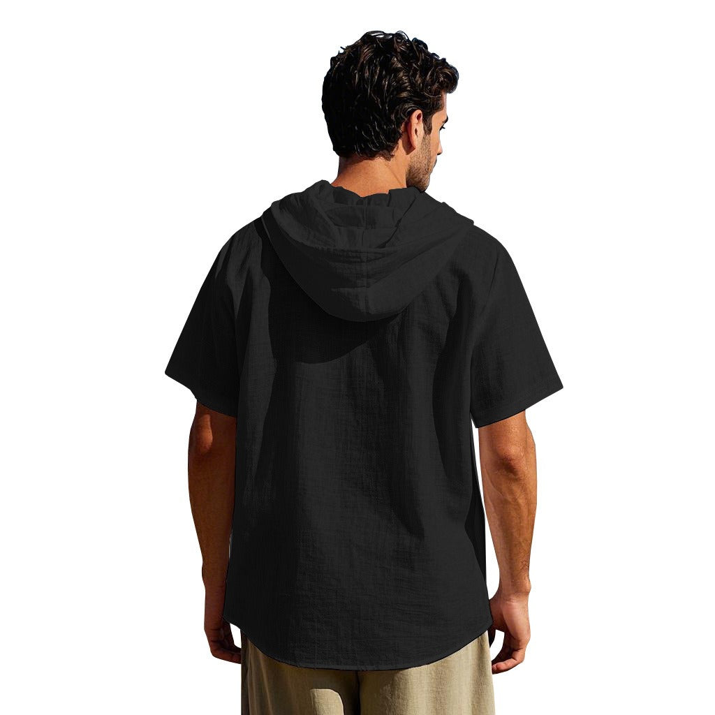 Men's Oversized Linen Shirt – Short-Sleeve Hooded Top | Breathable Amekaji Casual Style | Relaxed Fit Summer Overshirt | Spring 2025 Collection | 2455C