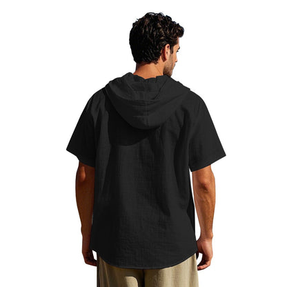 Men's Oversized Linen Shirt – Short-Sleeve Hooded Top | Breathable Amekaji Casual Style | Relaxed Fit Summer Overshirt | Spring 2025 Collection | 2455C