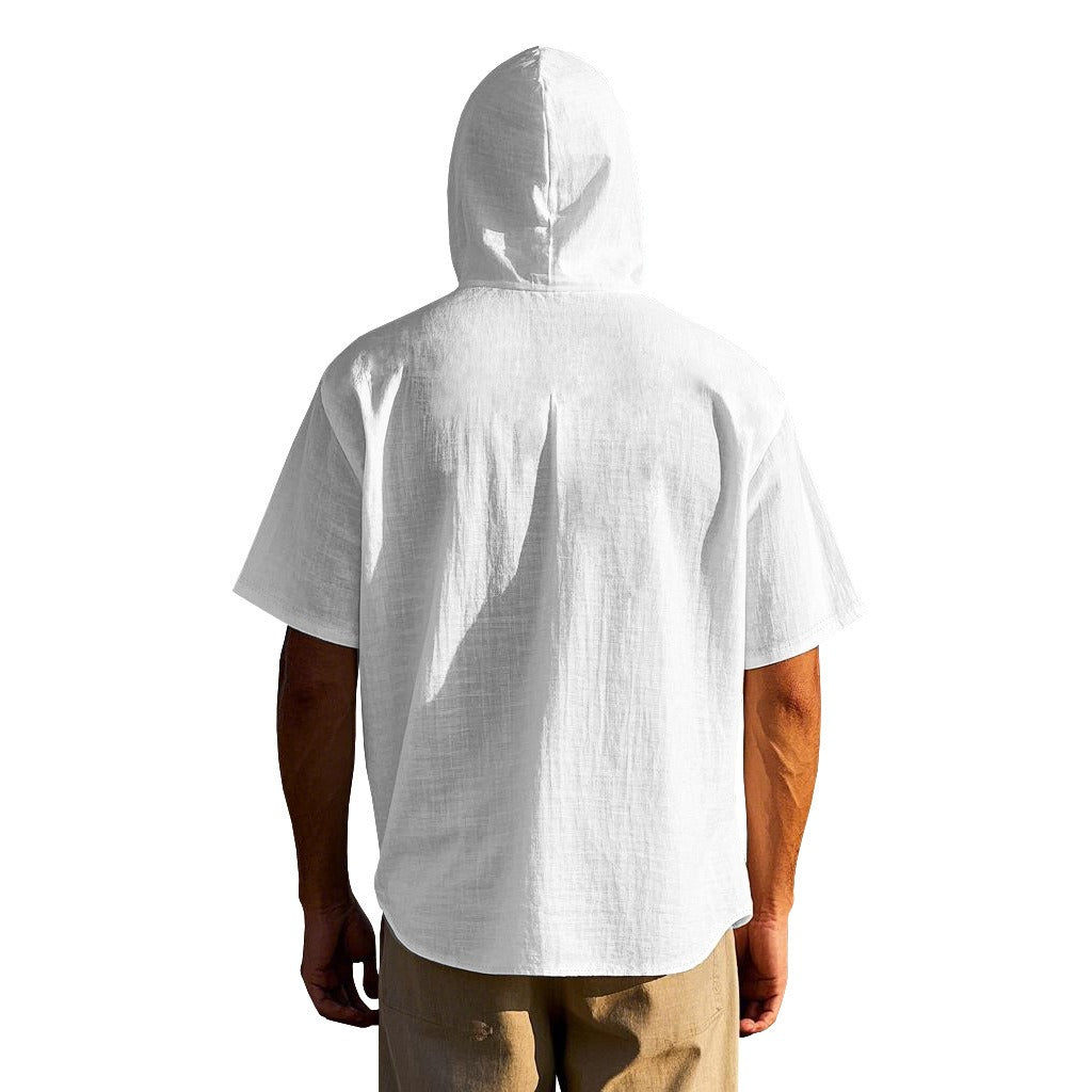 Men's Oversized Linen Shirt – Short-Sleeve Hooded Top | Breathable Amekaji Casual Style | Relaxed Fit Summer Overshirt | Spring 2025 Collection | 2455C