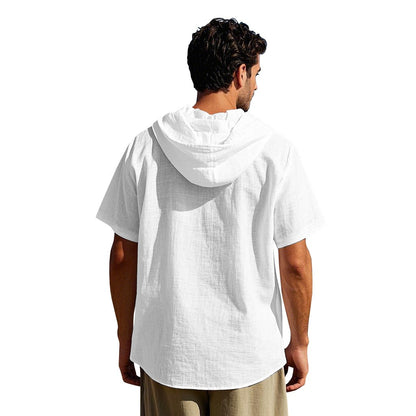 Men's Oversized Linen Shirt – Short-Sleeve Hooded Top | Breathable Amekaji Casual Style | Relaxed Fit Summer Overshirt | Spring 2025 Collection | 2455C