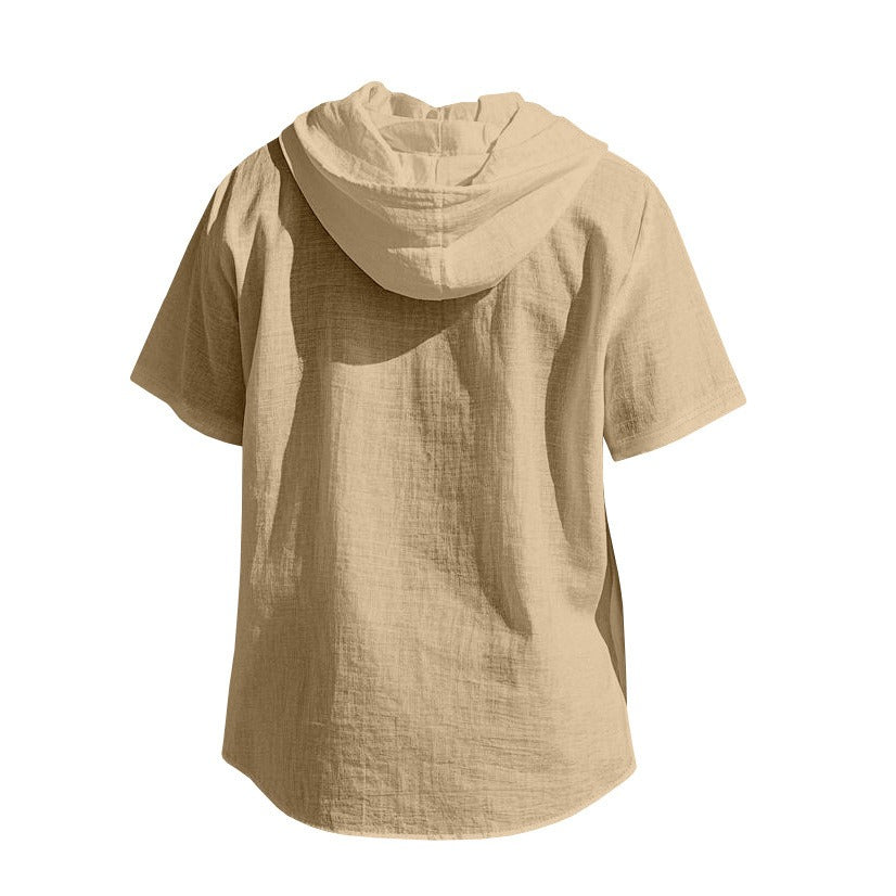 Men's Oversized Linen Shirt – Short-Sleeve Hooded Top | Breathable Amekaji Casual Style | Relaxed Fit Summer Overshirt | Spring 2025 Collection | 2455C