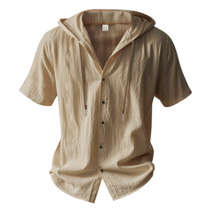 Men's Oversized Linen Shirt – Short-Sleeve Hooded Top | Breathable Amekaji Casual Style | Relaxed Fit Summer Overshirt | Spring 2025 Collection | 2455C