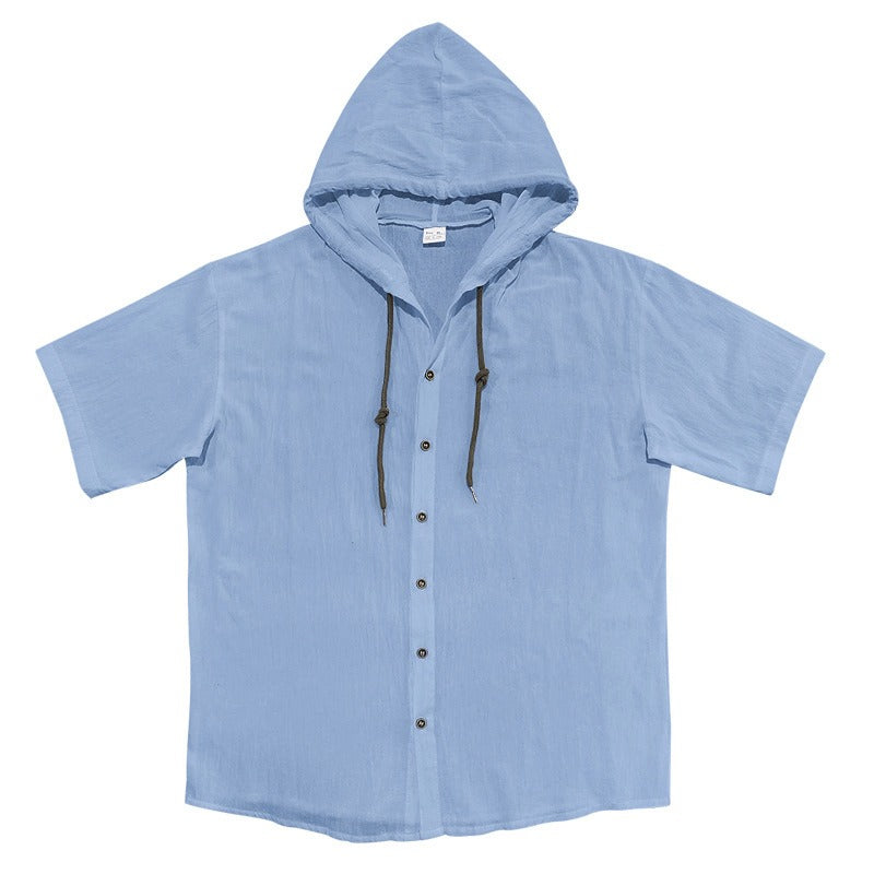 Men's Oversized Linen Shirt – Short-Sleeve Hooded Top | Breathable Amekaji Casual Style | Relaxed Fit Summer Overshirt | Spring 2025 Collection | 2455C