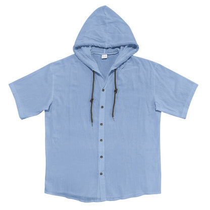 Men's Oversized Linen Shirt – Short-Sleeve Hooded Top | Breathable Amekaji Casual Style | Relaxed Fit Summer Overshirt | Spring 2025 Collection | 2455C