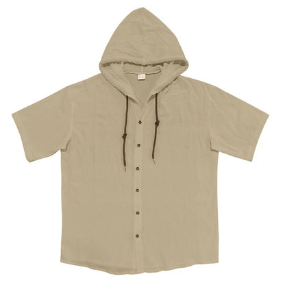 Men's Oversized Linen Shirt – Short-Sleeve Hooded Top | Breathable Amekaji Casual Style | Relaxed Fit Summer Overshirt | Spring 2025 Collection | 2455C