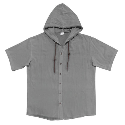Men's Oversized Linen Shirt – Short-Sleeve Hooded Top | Breathable Amekaji Casual Style | Relaxed Fit Summer Overshirt | Spring 2025 Collection | 2455C