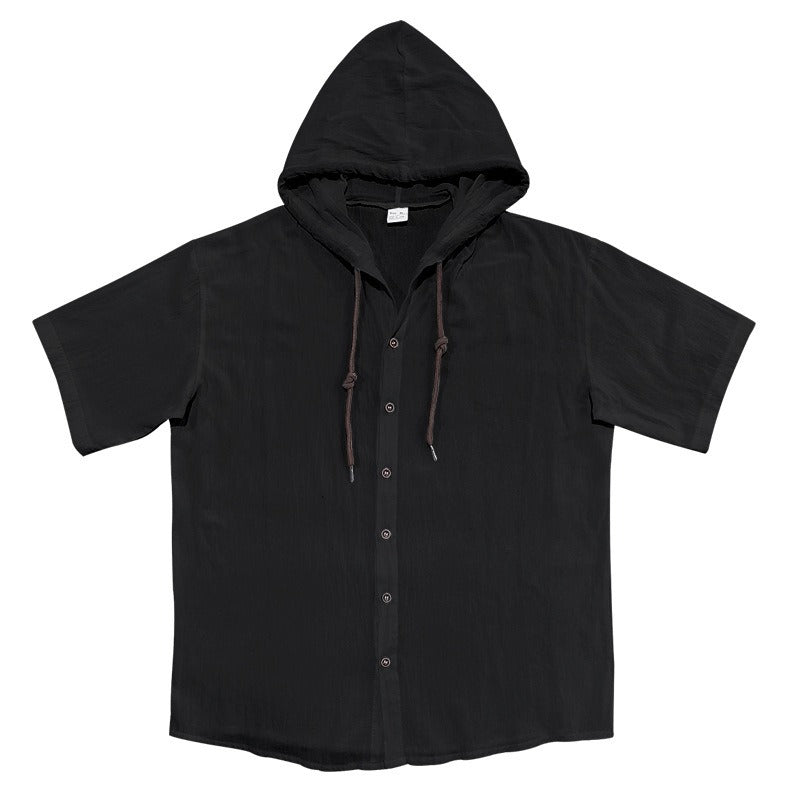 Men's Oversized Linen Shirt – Short-Sleeve Hooded Top | Breathable Amekaji Casual Style | Relaxed Fit Summer Overshirt | Spring 2025 Collection | 2455C
