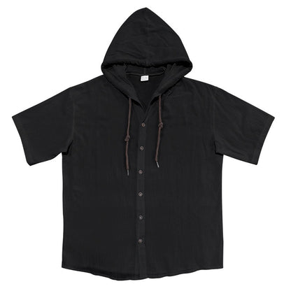 Men's Oversized Linen Shirt – Short-Sleeve Hooded Top | Breathable Amekaji Casual Style | Relaxed Fit Summer Overshirt | Spring 2025 Collection | 2455C