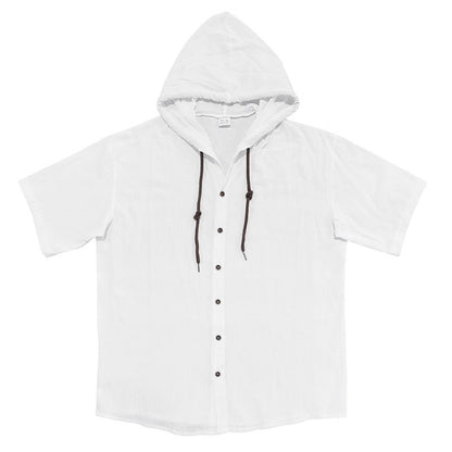 Men's Oversized Linen Shirt – Short-Sleeve Hooded Top | Breathable Amekaji Casual Style | Relaxed Fit Summer Overshirt | Spring 2025 Collection | 2455C