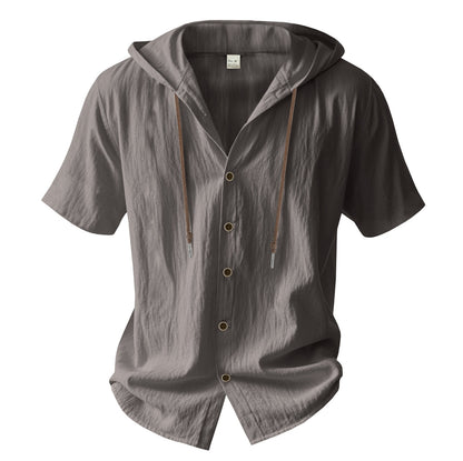 Men's Oversized Linen Shirt – Short-Sleeve Hooded Top | Breathable Amekaji Casual Style | Relaxed Fit Summer Overshirt | Spring 2025 Collection | 2455C