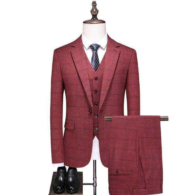 British Style Men’s 3 Piece Suit Business Casual Plaid Groom Wedding Dress Slim Suits | 6835