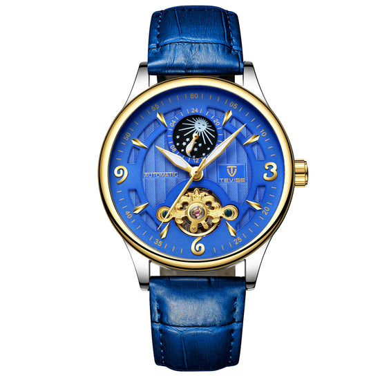 Leather Mechanical Watch - Men Automatic Steampunk Watch - Bronze Transparent Vintage Sport Wristwatch (1U84)